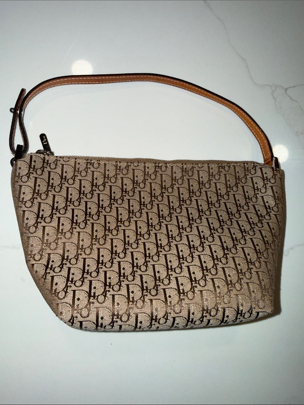 Dior Beige Monogram Canvas Shoulder Bag with Tan Strap